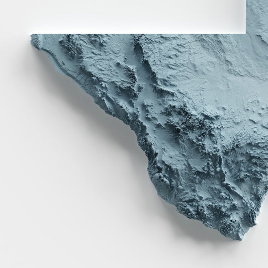 A minimalist relief map of the US State of Texas in frame made out of pine wood. Topographic map poster for travel and geography fans.