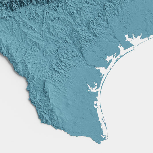 A minimalist relief map of the US State of Texas in frame made out of pine wood. Topographic map poster for travel and geography fans.