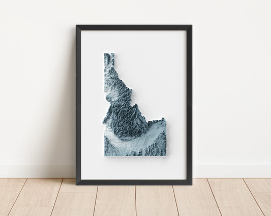 A minimalist relief map of the US State of Idaho in frame made out of pine wood. Topographic map poster for travel and geography fans.
