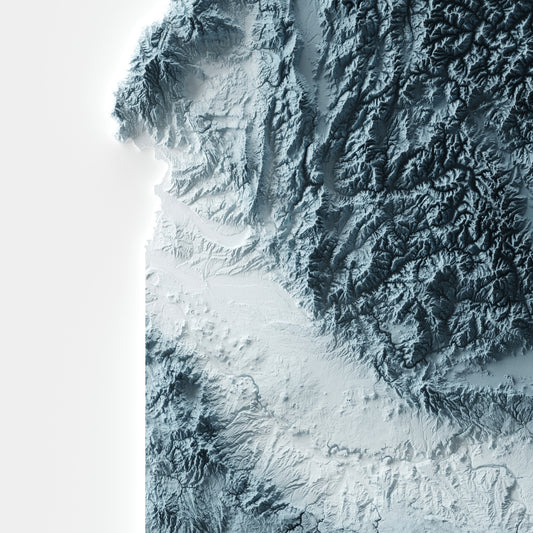 A minimalist relief map of the US State of Idaho in frame made out of pine wood. Topographic map poster for travel and geography fans.