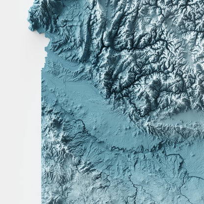 A minimalist relief map of the US State of Idaho in frame made out of pine wood. Topographic map poster for travel and geography fans.