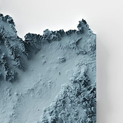 A minimalist relief map of the US State of Idaho in frame made out of pine wood. Topographic map poster for travel and geography fans.