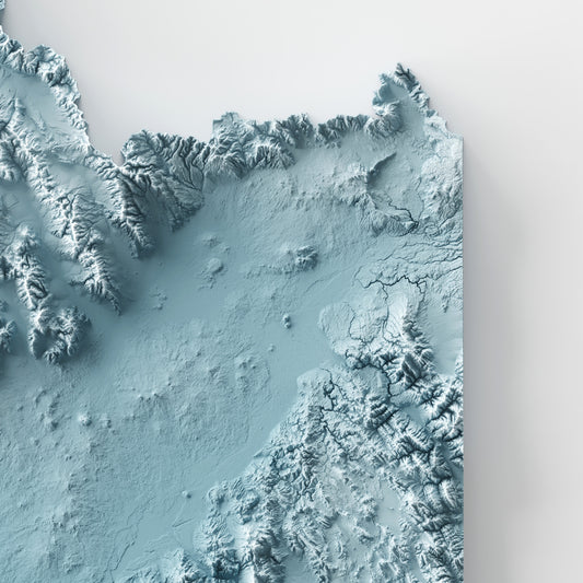 A minimalist relief map of the US State of Idaho in frame made out of pine wood. Topographic map poster for travel and geography fans.