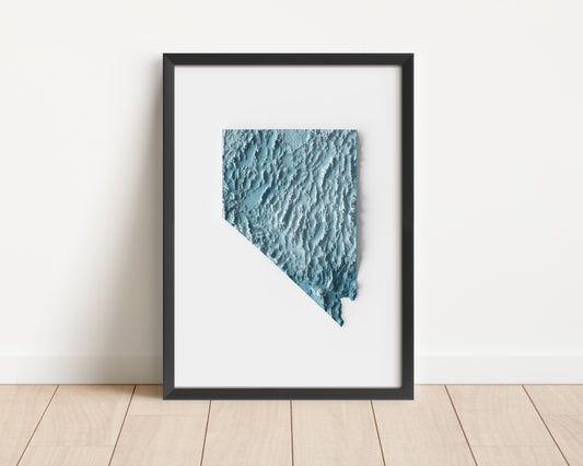 A minimalist relief map of the US State of Nevada in frame made out of pine wood. Topographic map poster for travel and geography fans.