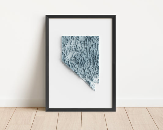 A minimalist relief map of the US State of Nevada in frame made out of pine wood. Topographic map poster for travel and geography fans.