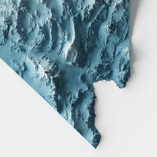 A minimalist relief map of the US State of Nevada in frame made out of pine wood. Topographic map poster for travel and geography fans.