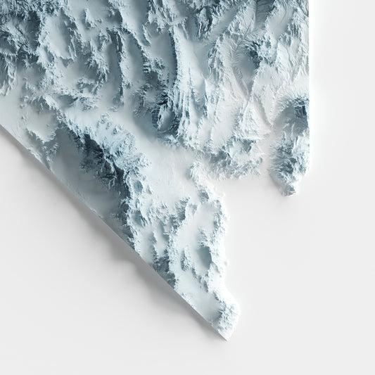A minimalist relief map of the US State of Nevada in frame made out of pine wood. Topographic map poster for travel and geography fans.