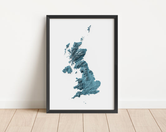 A minimalist relief map of the United Kingdom in a frame made out of pine wood. Topographic map poster for travel and geography fans.