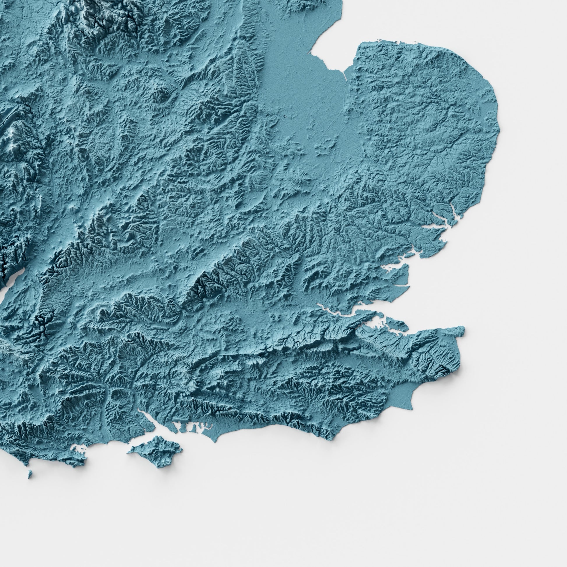 A minimalist relief map of the United Kingdom in a frame made out of pine wood. Topographic map poster for travel and geography fans.
