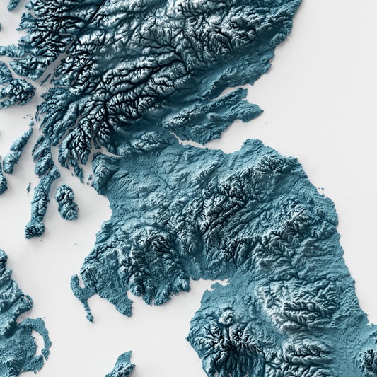 A minimalist relief map of the United Kingdom in a frame made out of pine wood. Topographic map poster for travel and geography fans.