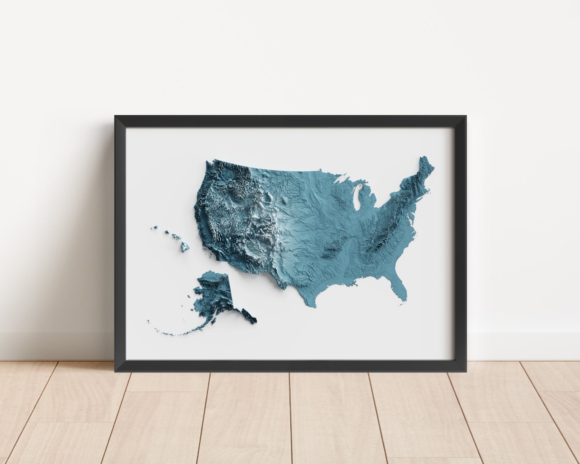 A minimalist relief map of the United States of America in frame made out of pine wood. Topographic map poster for geography fans.