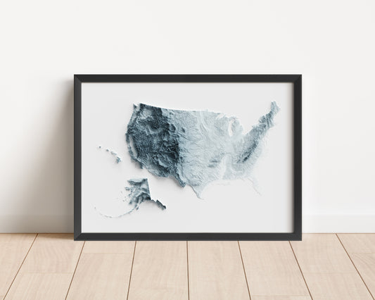 A minimalist relief map of the United States of America in frame made out of pine wood. Topographic map poster for geography fans.