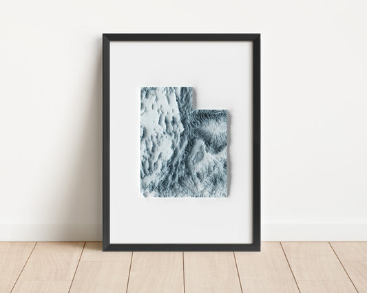 A minimalist relief map of the US State of Utah in frame made out of pine wood. Topographic map poster for travel and geography fans.