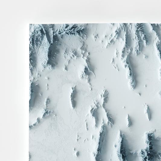 A minimalist relief map of the US State of Utah in frame made out of pine wood. Topographic map poster for travel and geography fans.