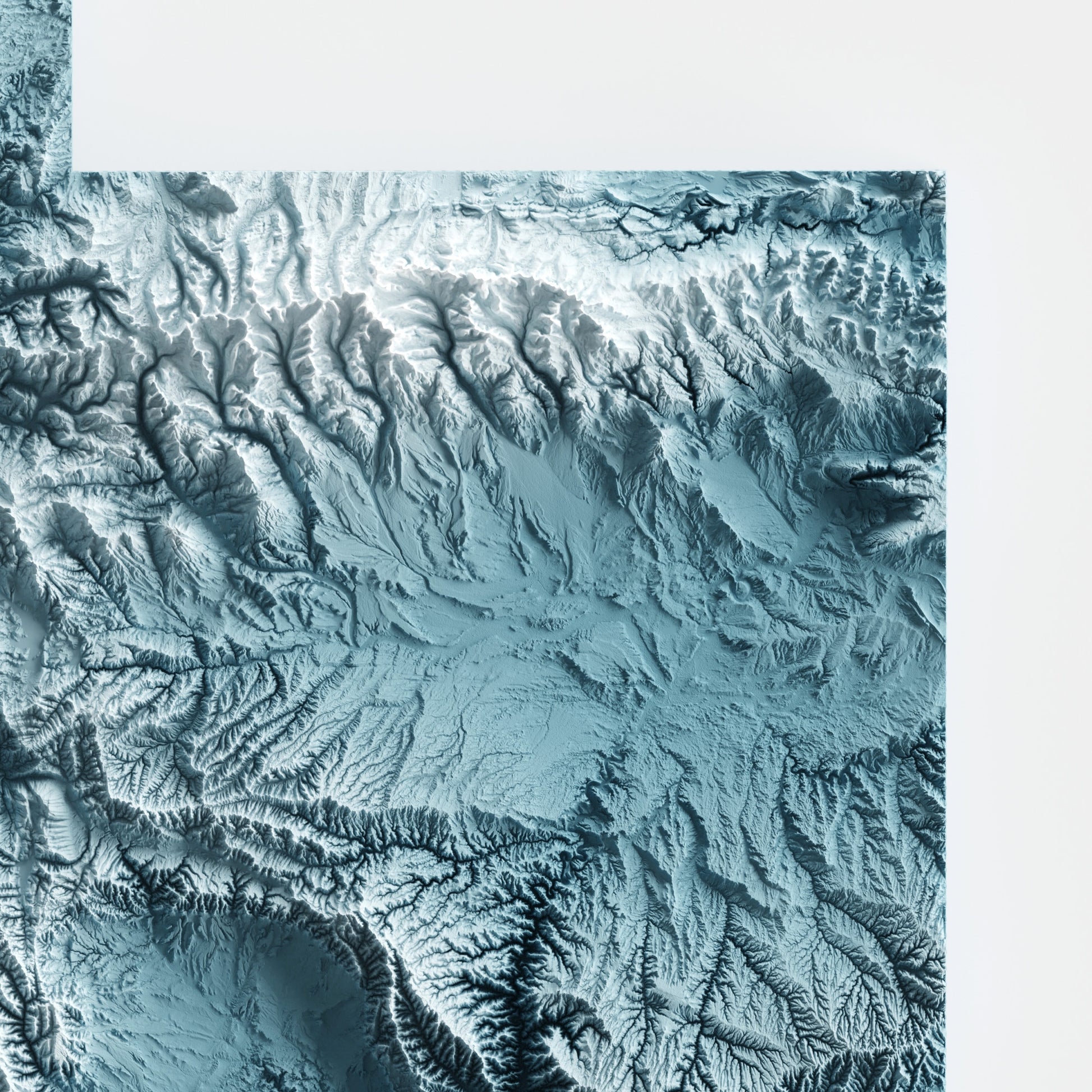 A minimalist relief map of the US State of Utah in frame made out of pine wood. Topographic map poster for travel and geography fans.