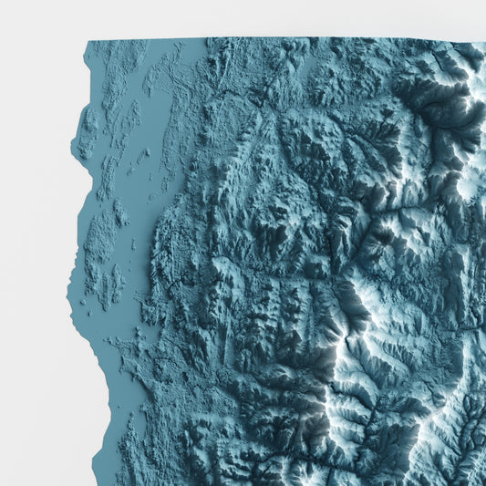 A minimalist relief map of the US State of Vermont in frame made out of pine wood. Topographic map poster for travel and geography fans.