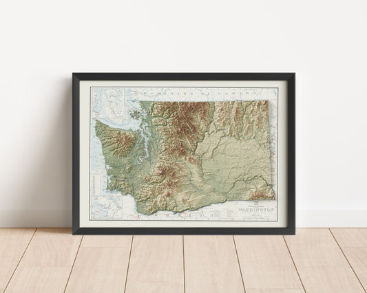 A framed elevation map of the US State of Washington in a frame made out of pine wood. This elevation map is a reproduction of the 1940 post route map of the US State of Washington and has been carefully restored by us.