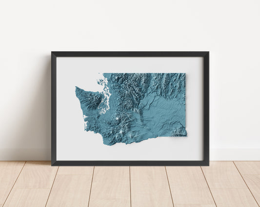 A minimalist relief map of the US State of Washington in frame made out of pine wood. Topographic map poster for travel and geography fans.