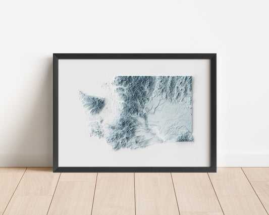 A minimalist relief map of the US State of Washington in frame made out of pine wood. Topographic map poster for travel and geography fans.