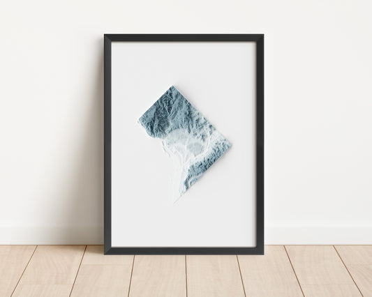 A minimalist relief map of the United States' capital Washington DC in a frame made out of pine wood. Topographic map poster for travel and geography fans.