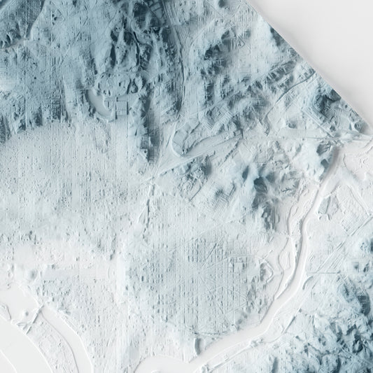 A minimalist relief map of the United States' capital Washington DC in a frame made out of pine wood. Topographic map poster for travel and geography fans.